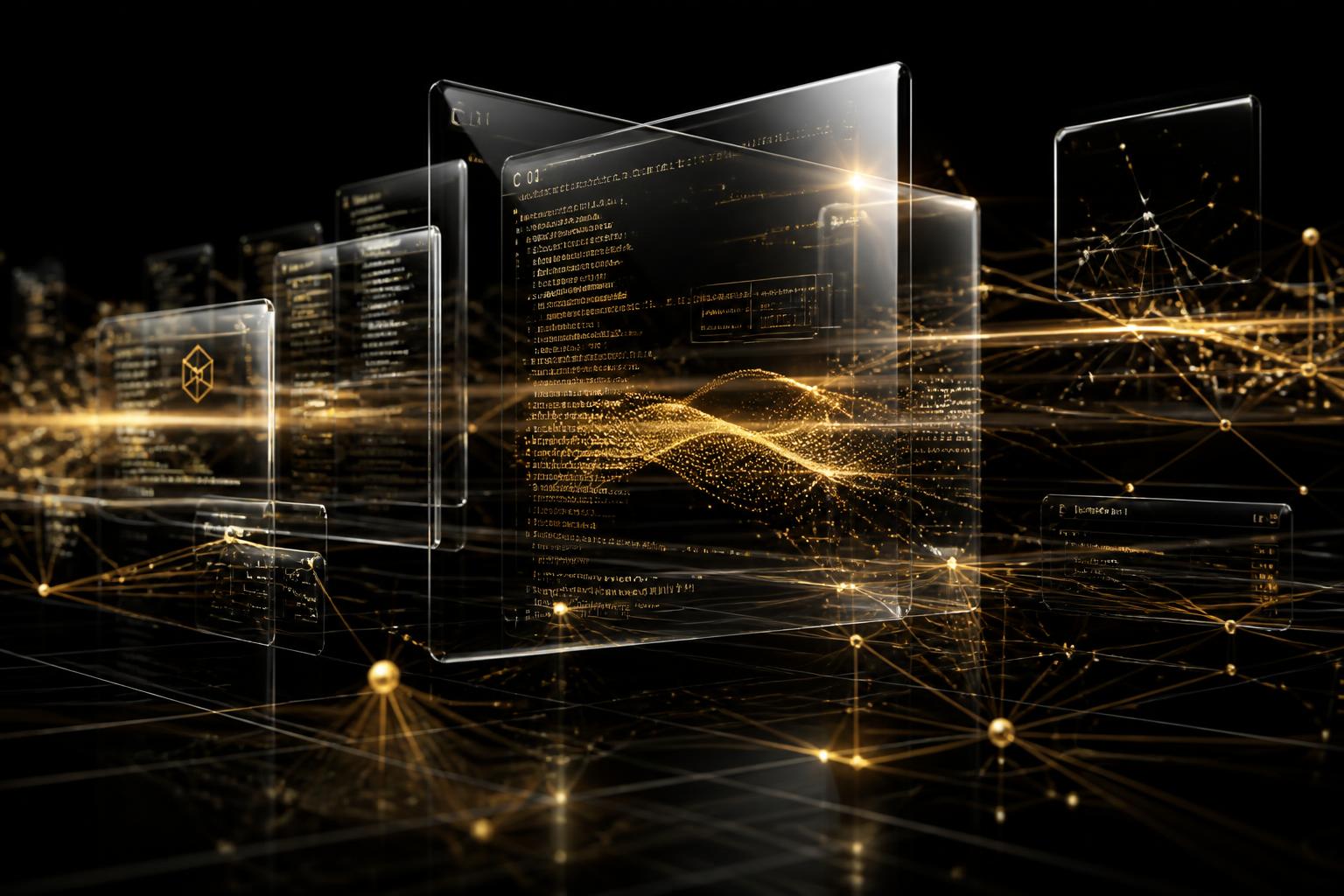 واجهات رقمية ثلاثية الأبعاد وشبكة بيانات ذهبية تعبّر عن التقنية والإبداع